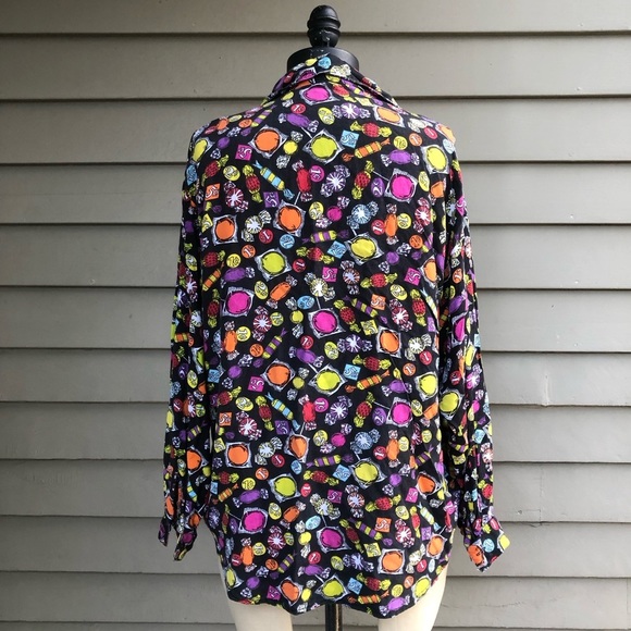 Vintage 80s Penny Candy Fun Novelty Kitschy Print Button Up Blouse Top - Picture 8 of 14